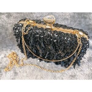 Vintage‎ Black Beaded Sequin Evening Clutch Purse Gold Chain Formal Party Bag